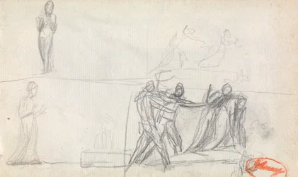 Group Scene and Two Sketches of a Standing Figure